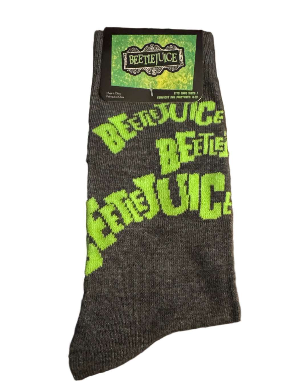 Beetlejuice Grey Crew Socks with Neon Green Logo Unisex Shoe Size 6-12